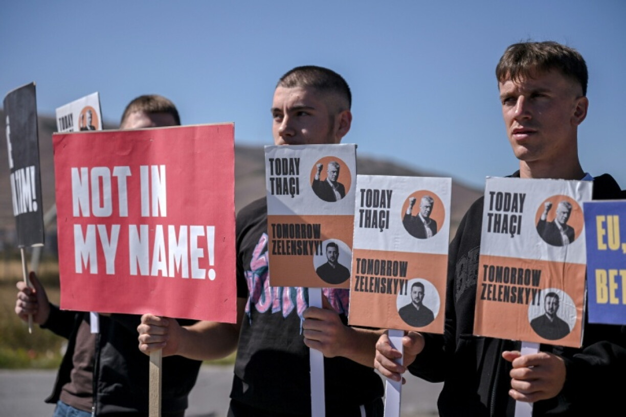 Protesters turned out to show their support for Thaci, who was sentenced to 25 years in jail by the Netherlands-based court last month