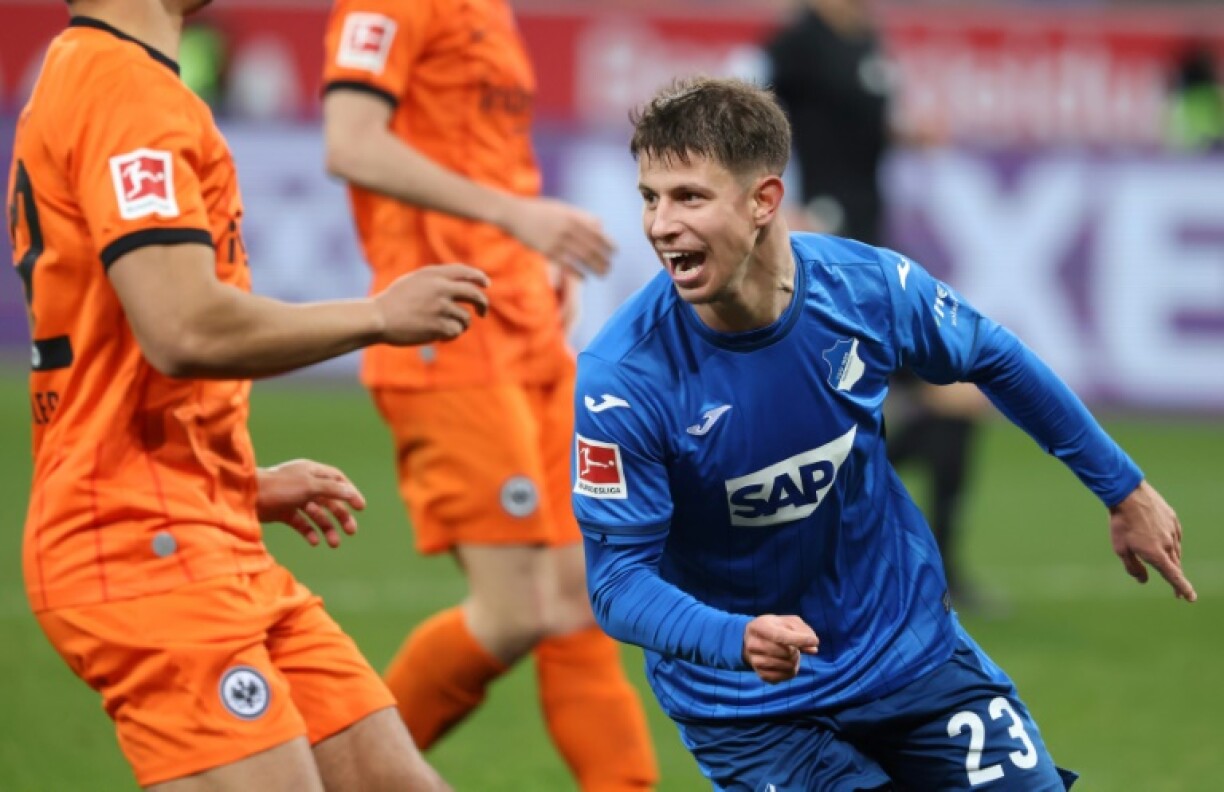 Hoffenheim forward Adam Hlozek celebrates after scoring in added time to secure a 2-2 draw with Frankfurt