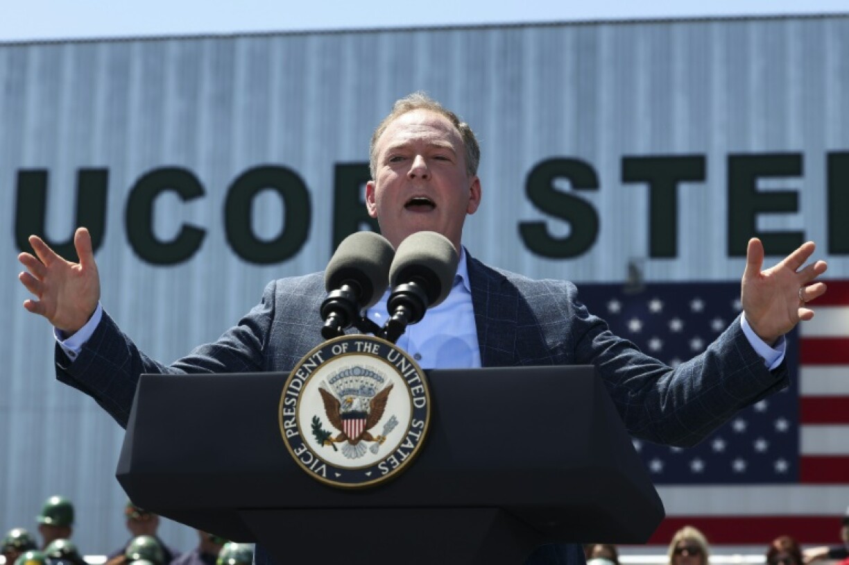 Environmental Protection Agency (EPA) Administrator Lee Zeldin speaks, as he tours Nucor Steel Berkeley with US Vice President JD Vance, in Huger, South Carolina, on May 1, 2025