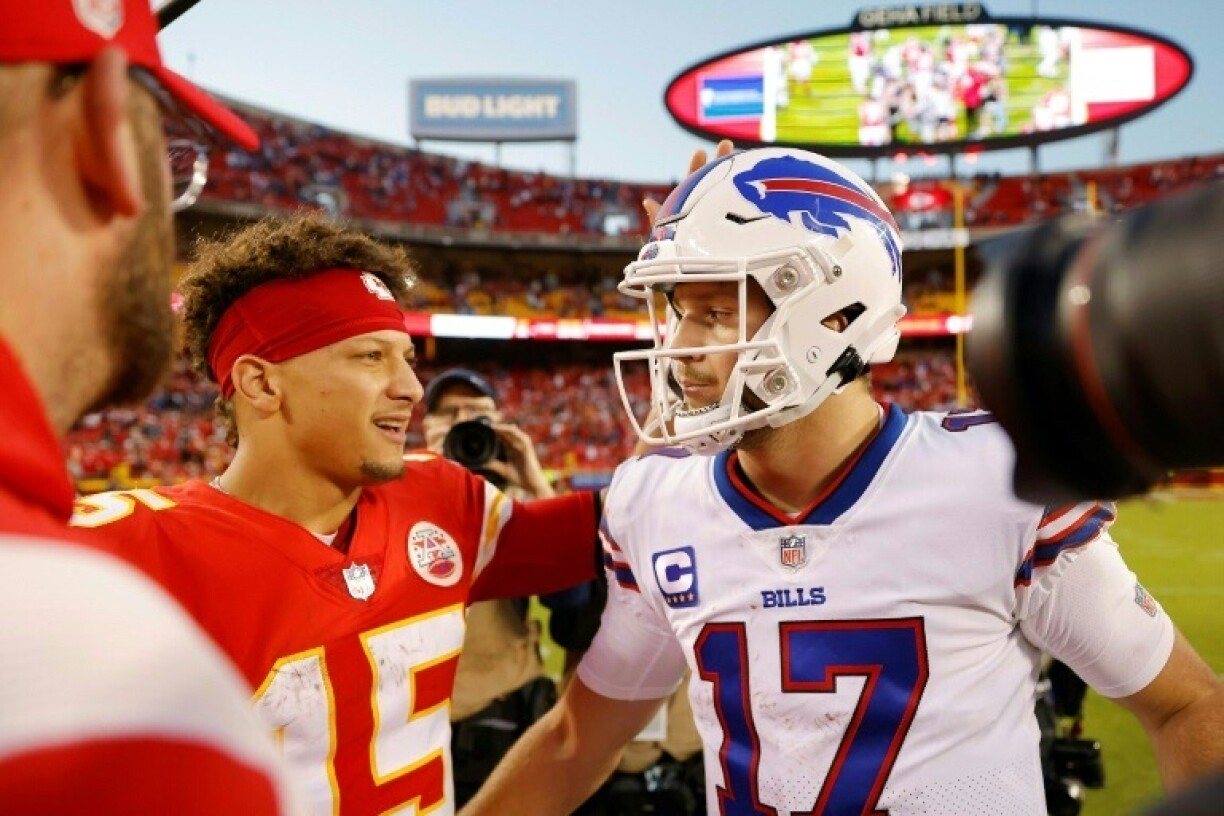 Patrick Mahomes of the Kansas City Chiefs shakes hands with Josh Allen #17 of the Buffalo Bills after the game at Arrowhead Stadium on October 16, 2022 in Kansas City