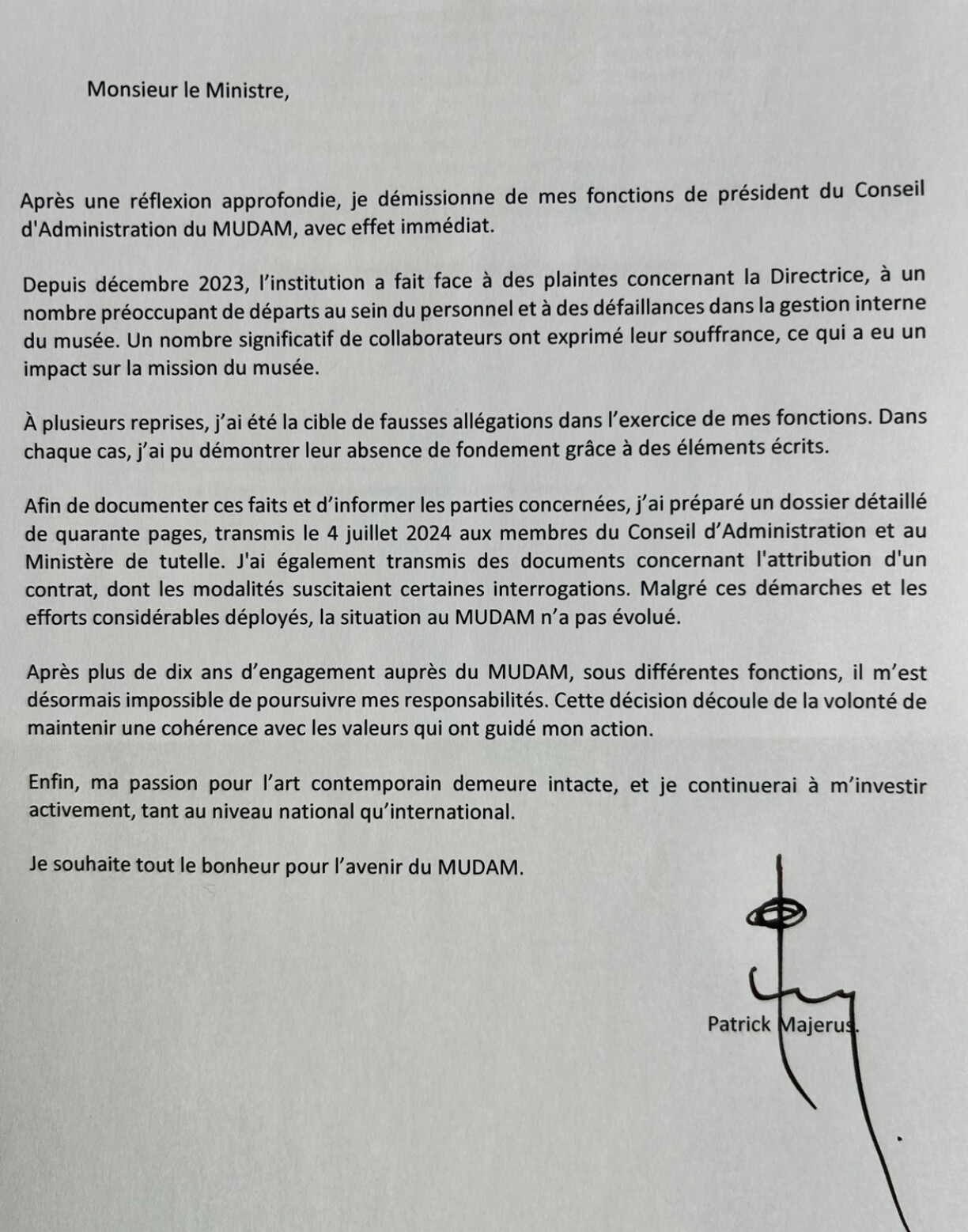 La lettre de démission de Patrick Majerus datée du 21 janvier 2025