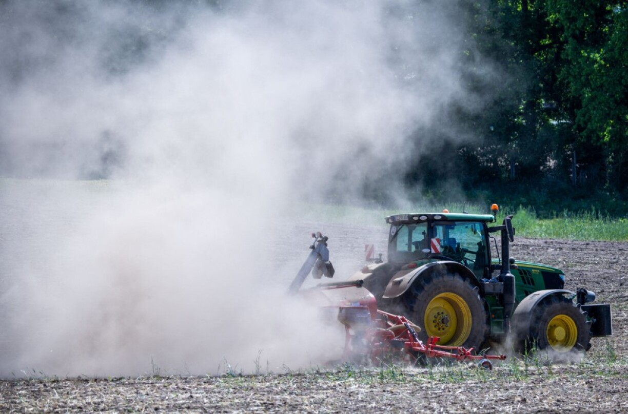 Mecklembourg-Poméranie occidentale, Boddin : Un tracteur tire un semoir à travers un champ tout en répandant des graines de maïs, entraînant derrière lui un grand nuage de poussière.