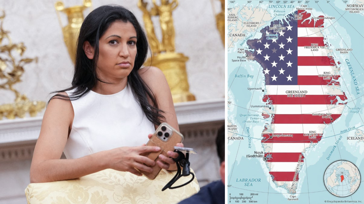 Montage photo montrant Katie Miller, épouse du directeur de cabinet adjoint de la Maison Blanche Stephen Miller, et d'un post annonçant la conquête du Groenland par les États-Unis