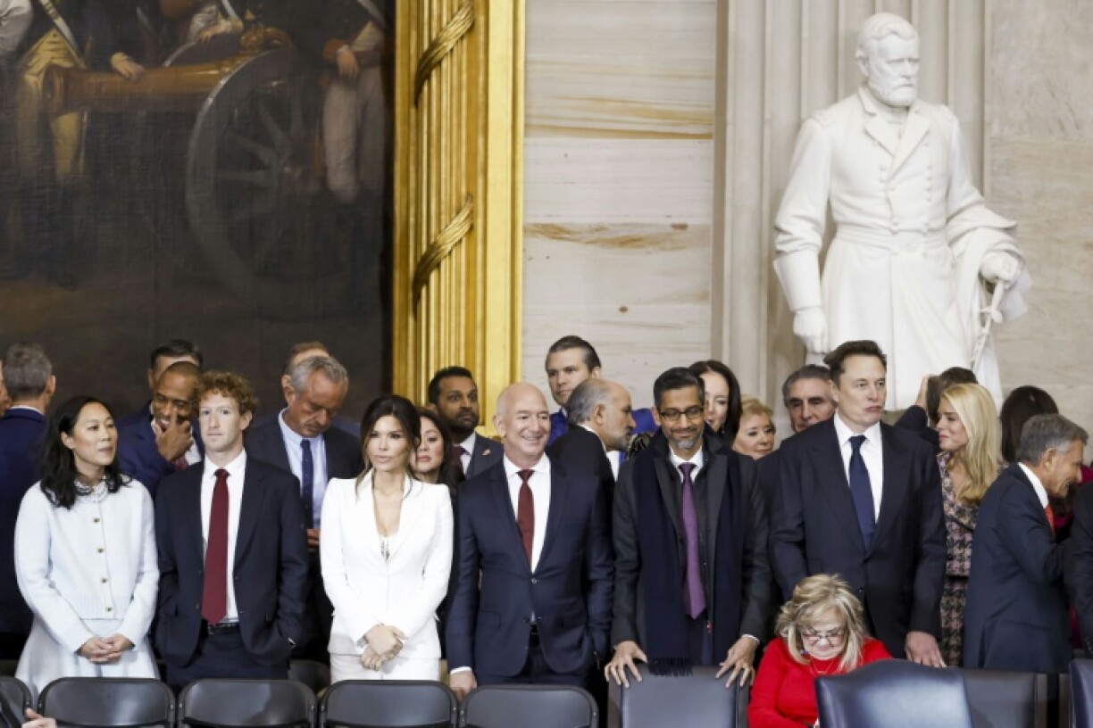Priscilla Chan, Meta CEO Mark Zuckerberg, Lauren Sanchez, Jeff Bezos, Alphabet CEO Sundar Pichai, and businessman Elon Musk attend the inauguration ceremony of US President-elect Donald Trump in the US Capitol Rotunda on January 20, 2025