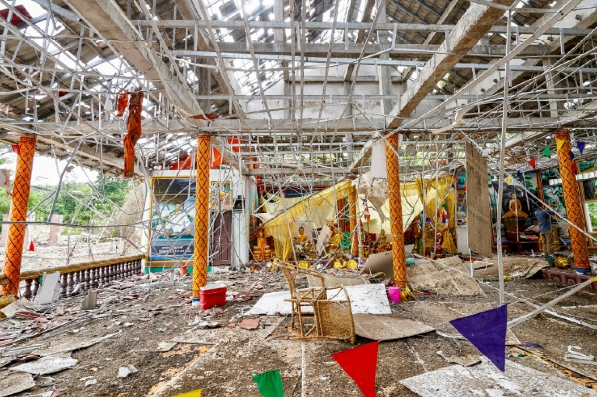 A pagoda damaged by Thai artillery in Oddar Meanchey province, Cambodia