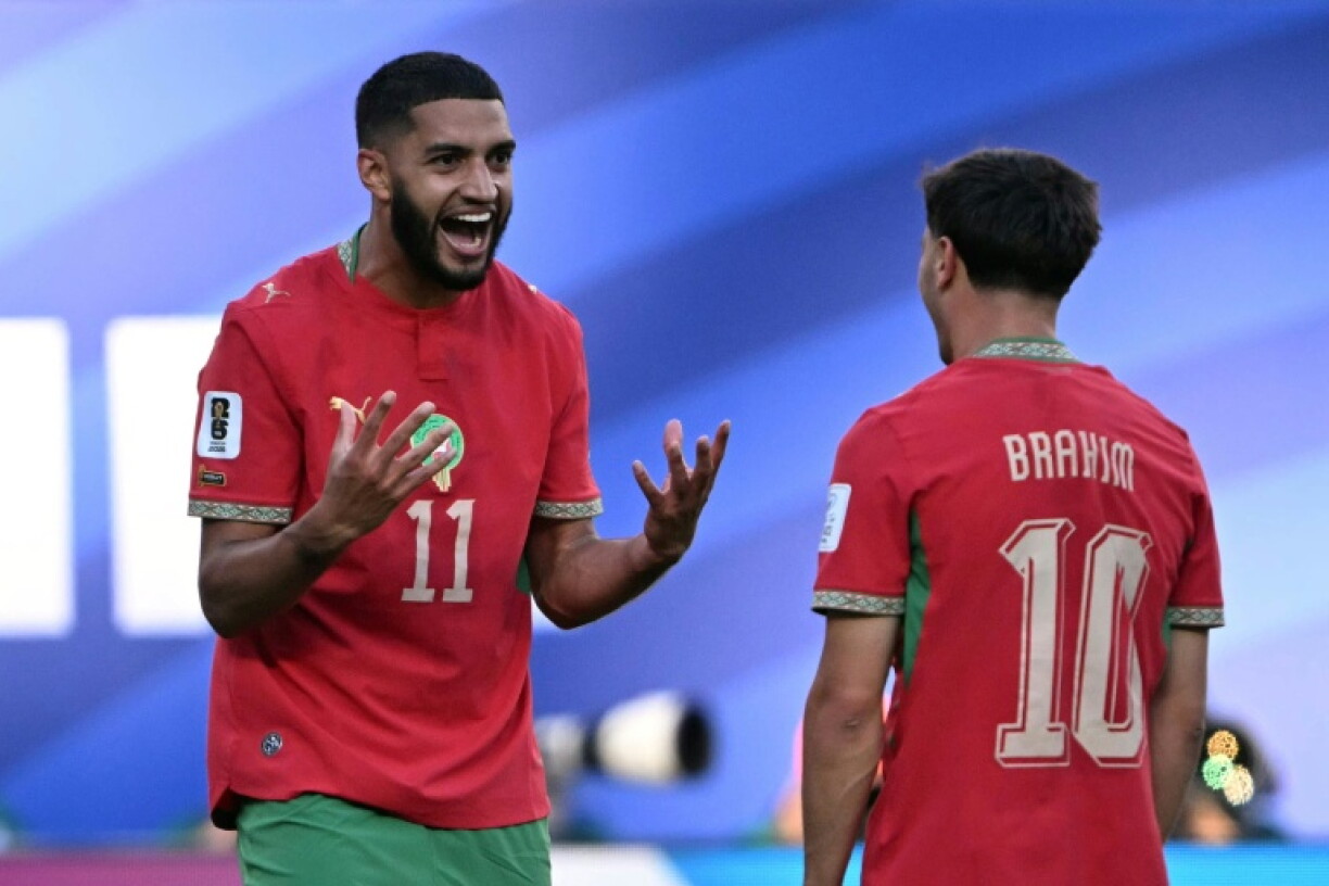 Le Marocain Ismael Saibari célèbre son but contre le Brésil avec son coéquipier Brahim Diaz, le 13 juin 2026 à East Rutherford, dans le New Jersey