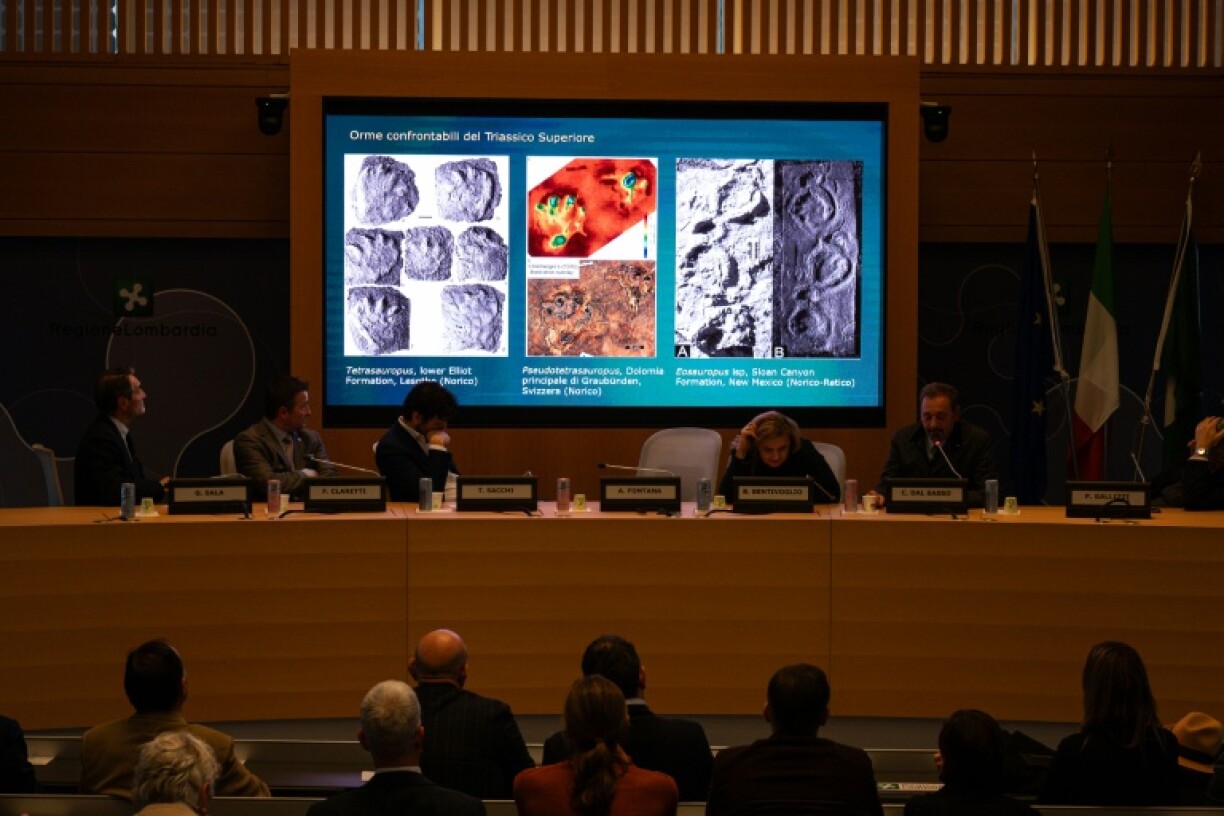 Le paléontologue du Musée d'histoire naturelle de Milan, Cristiano Dal Sasso (à droite), commente des photos sur un écran lors d'une conférence de presse visant à présenter la découverte de milliers d'empreintes de dinosaures dans le parc national du Stelvio, en Italie, près des zones qui accueilleront les Jeux olympiques d'hiver Milan-Cortina 2026, à Milan, le 16 décembre 2025. On estime que ces empreintes appartiennent à des dinosaures prosauropodes du Trias supérieur, datant de 210 millions d'années.