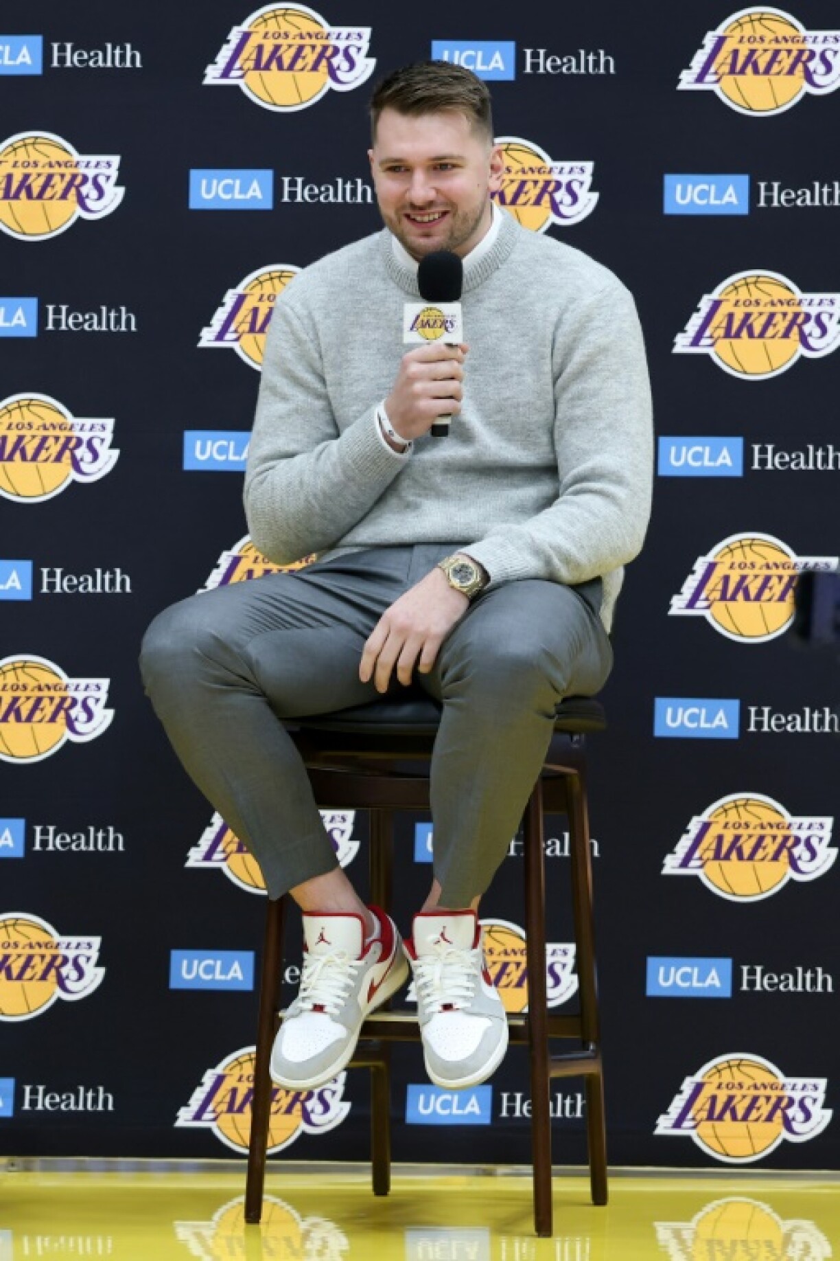 Luka Doncic fields questions from the media at his formal unveiling by the Los Angeles Lakers on Tuesday