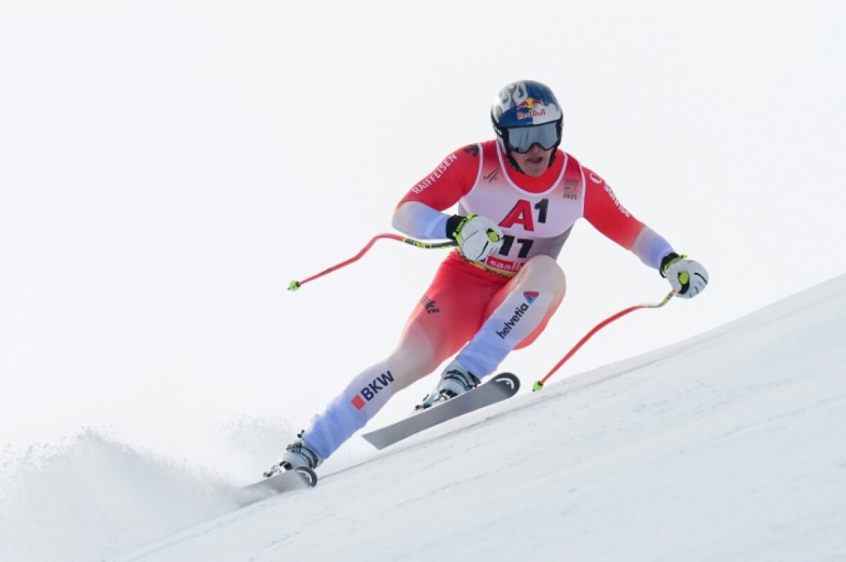 Switzerland's Franjo von Allmen en route to winning gold in the men's downhill at the world championships
