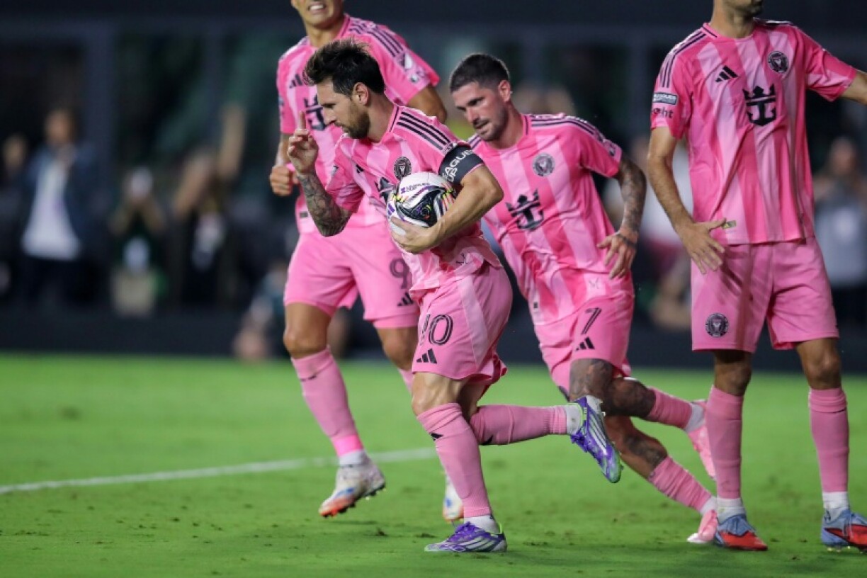Inter Miami star Lionel Messi celebrates after converting a penalty in a Leagues Cup semi-final victory over Orlando City