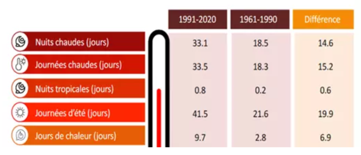 Number of summer days and heatwave days, as well as warm nights and tropical nights in Luxembourg, 1991–2020 vs 1961–1990