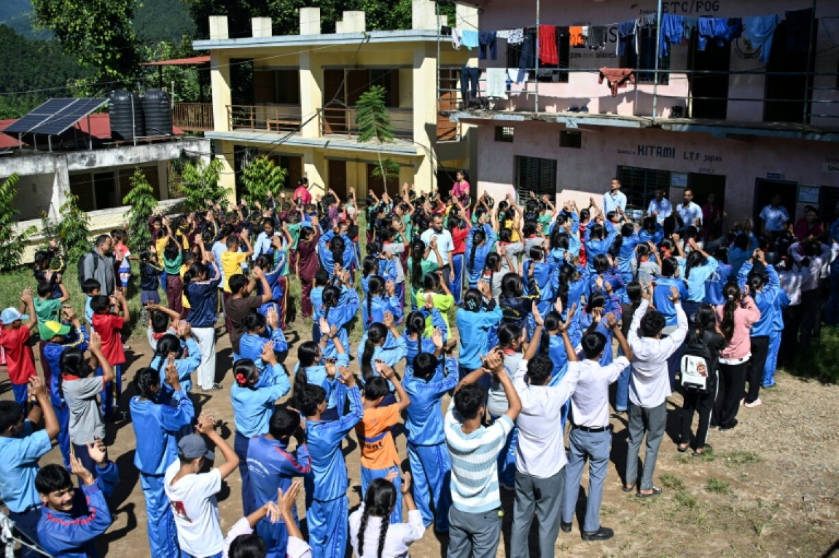 Students at assembly for Neelakantha Secondary School in Nepal's Rasuwa district