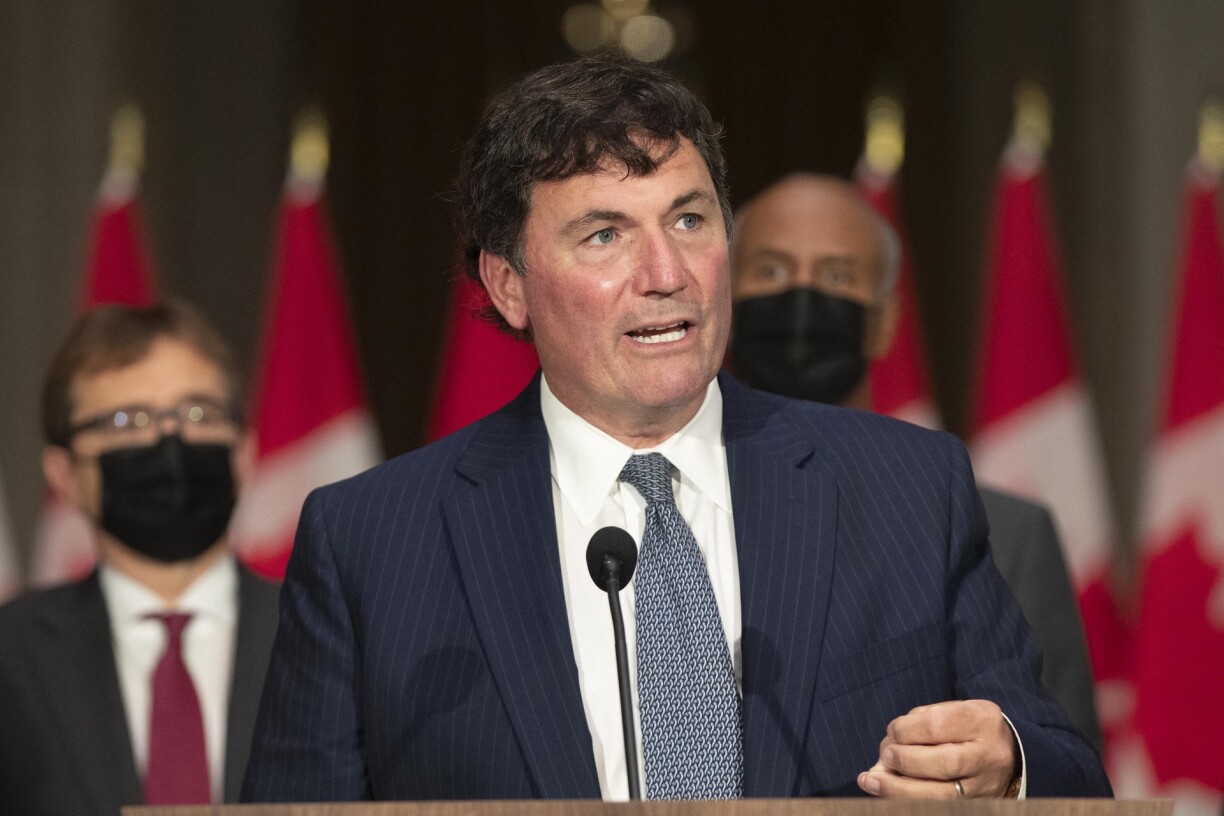 Newly sworn in Minister of Intergovernmental Affairs, Infrastructure and Communities Dominic LeBlanc speaks during a press conference in Ottawa, Canada on October 26, 2021.