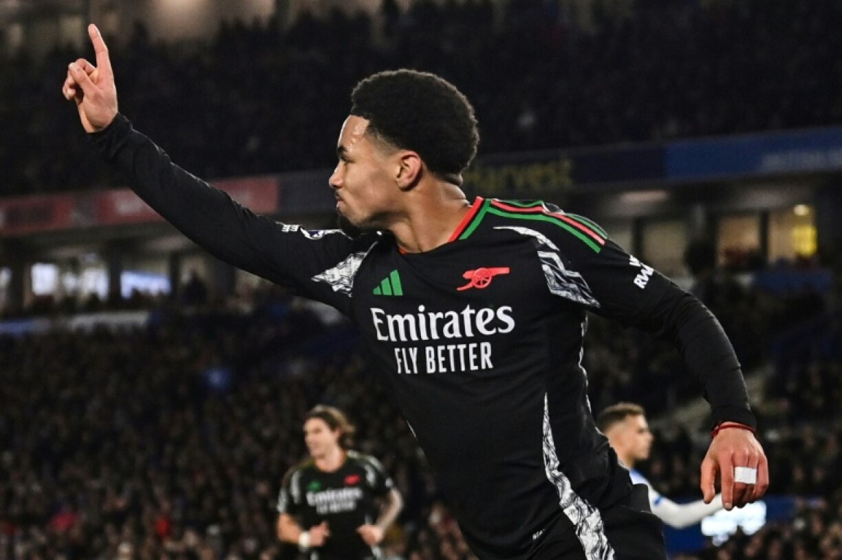 Arsenal's Ethan Nwaneri celebrates his goal at Brighton