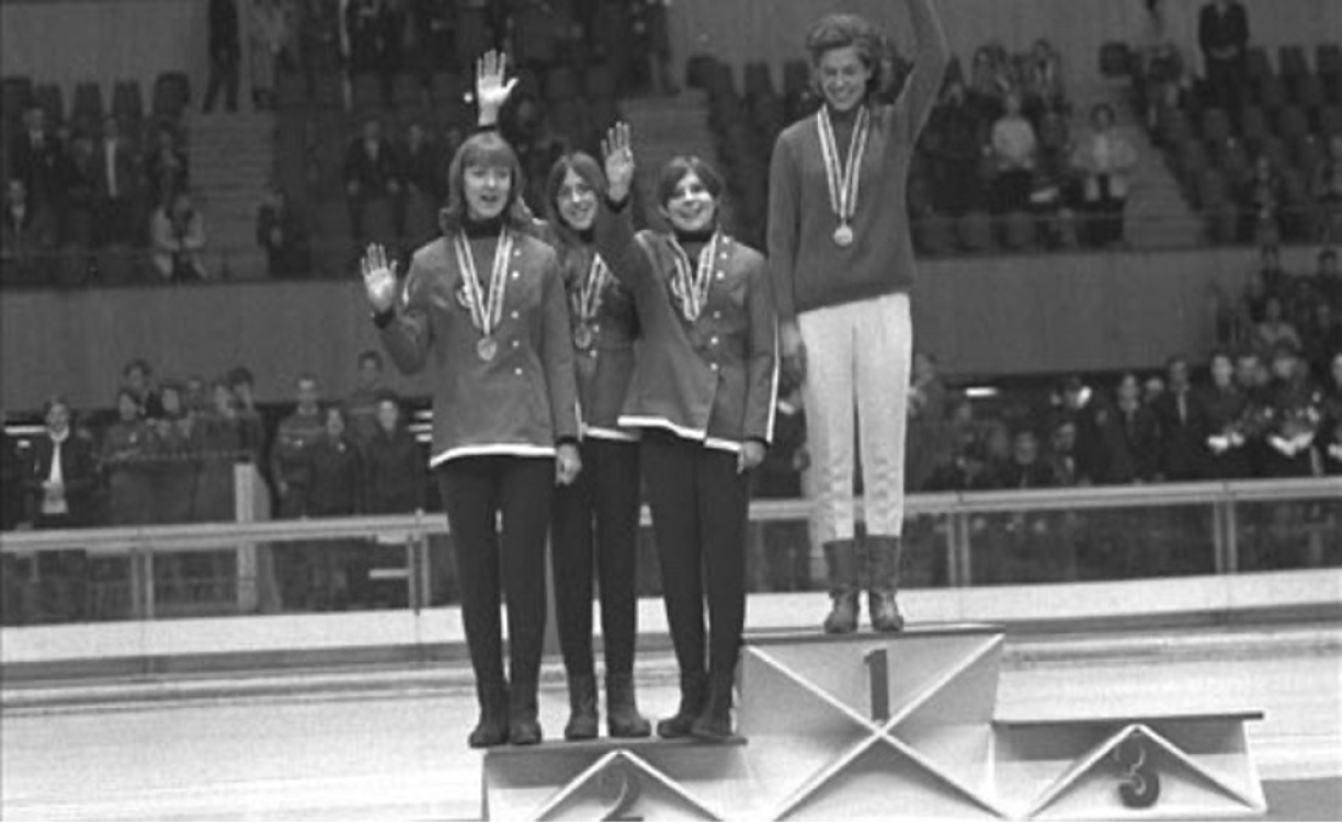 Podium for the 1968 500m speed skating event. From the left: Jenny Fish, Dianne Holum, Mary Meyers and gold medallist Lyudmila Titlova.