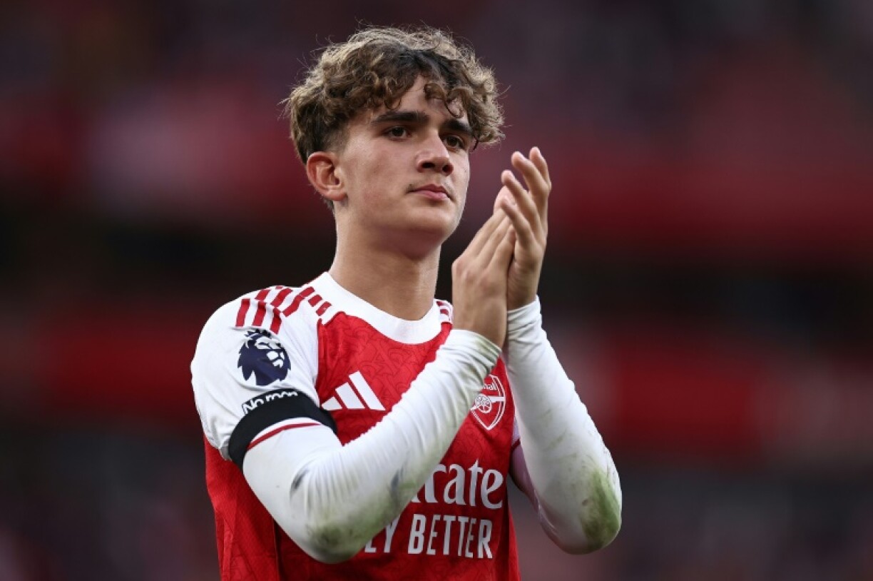 Max Dowman applauds the fans after the end of his Arsenal debut, aged just 15, in a 5-0 Premier League win over Leeds at the Emirates Stadium