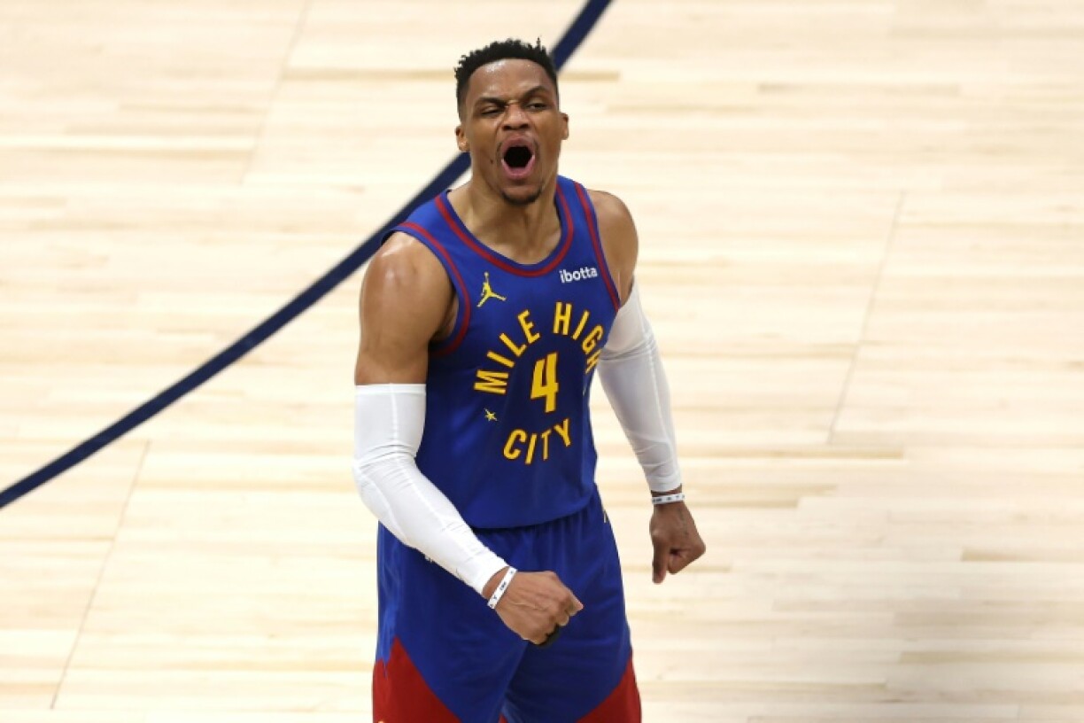 Russell Westbrook of the Denver Nuggets reacts after throwing down a dunk in the fourth quarter of the Nuggets' victory over the Los Angeles Clippers in game seven of their NBA playoff series