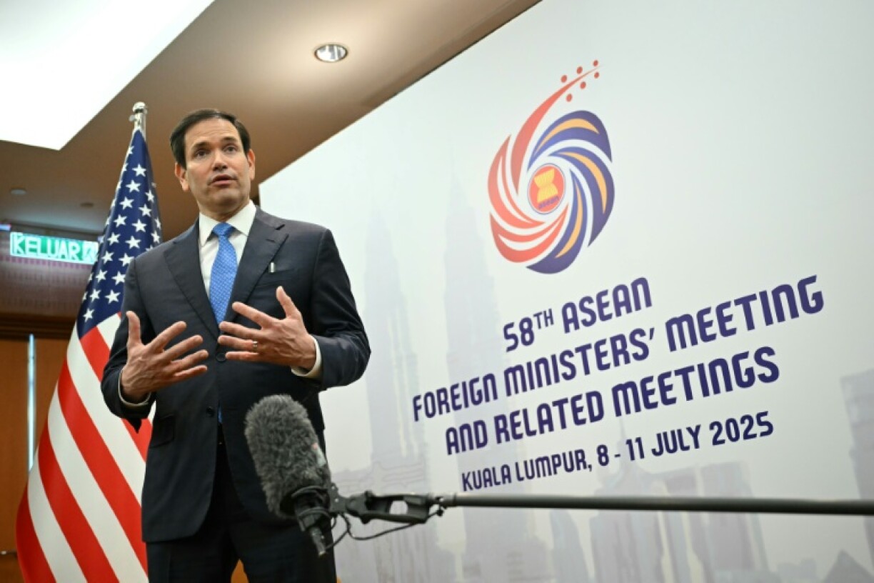 US Secretary of State Marco Rubio talks to reporters during the ASEAN Foreign Ministers' Meeting in Malaysia