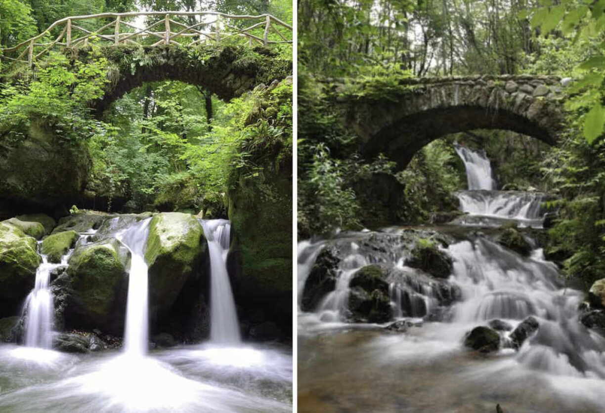 The Mullerthal waterfall on the left, and Cuasso al Monte in the Dolomites to the right.