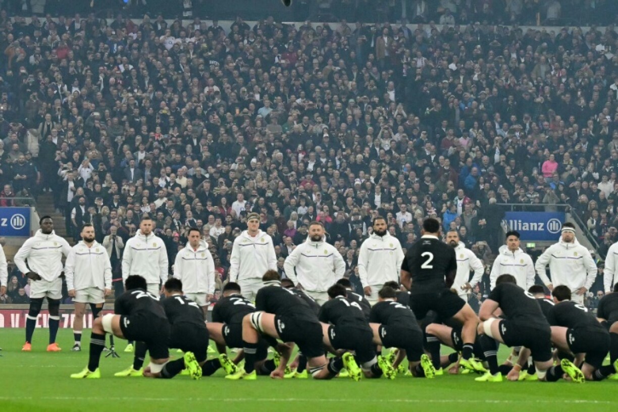 England players face the New Zealand haka ahead of their 33-19 win in an Autumn Nations series international at Twickenham