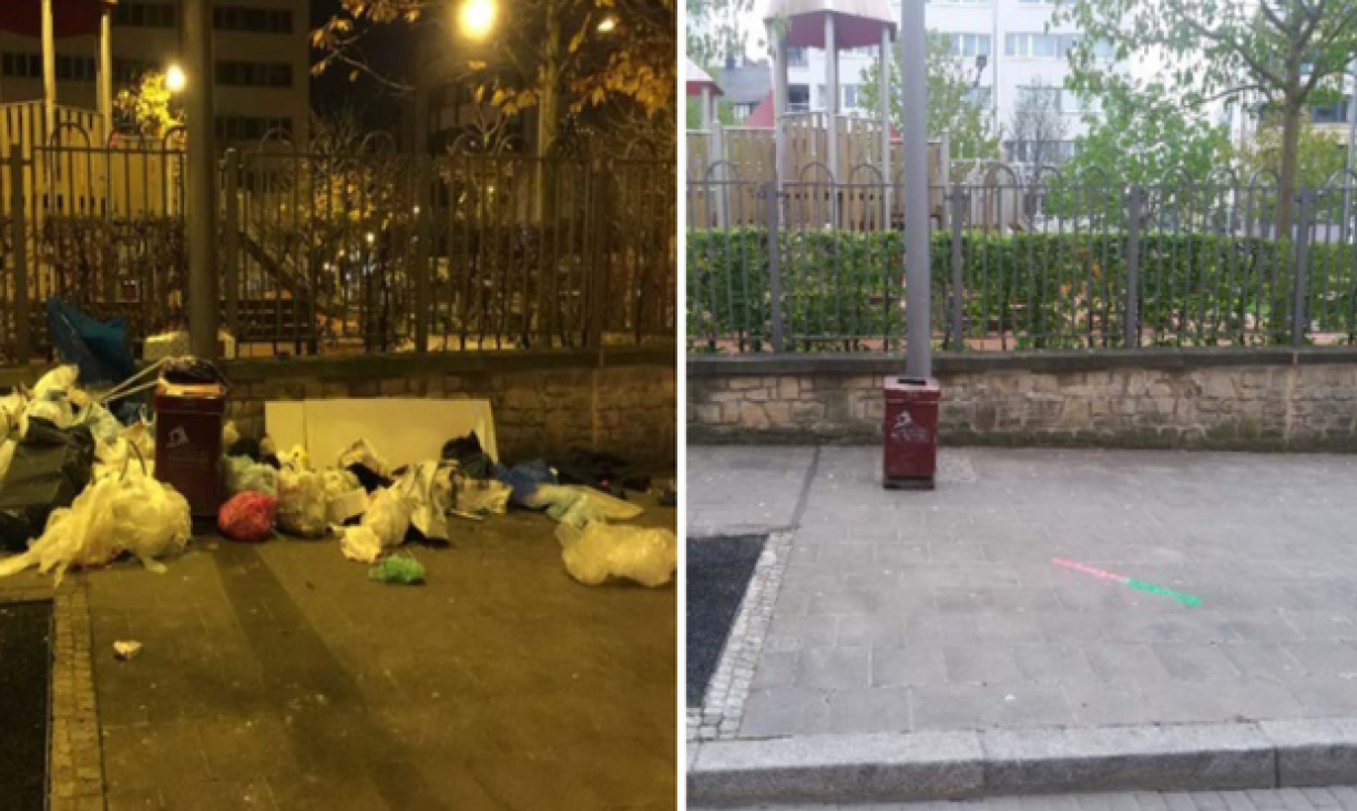 Un dépot sauvage d'ordures autour d'une poubelle publique... avant et après le passage des nettoyeurs.
