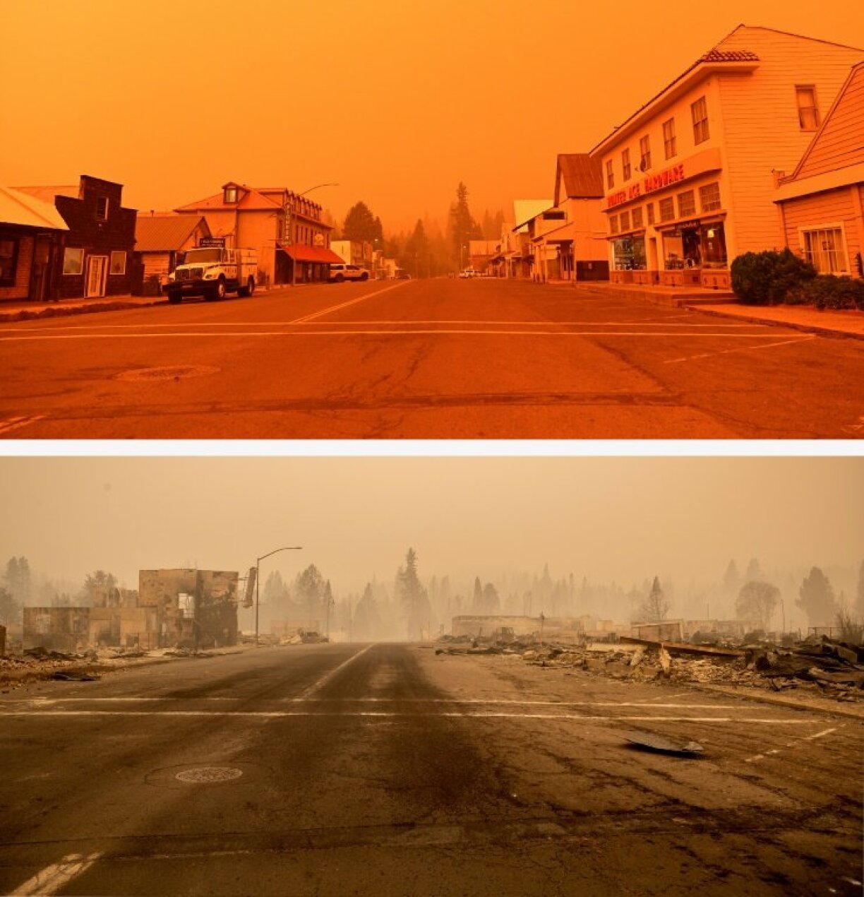 Photomontage d'une rue de Greenville (Californie) le 23 juillet 2021 et le 4 août, jour du passage du Dixie Fire.