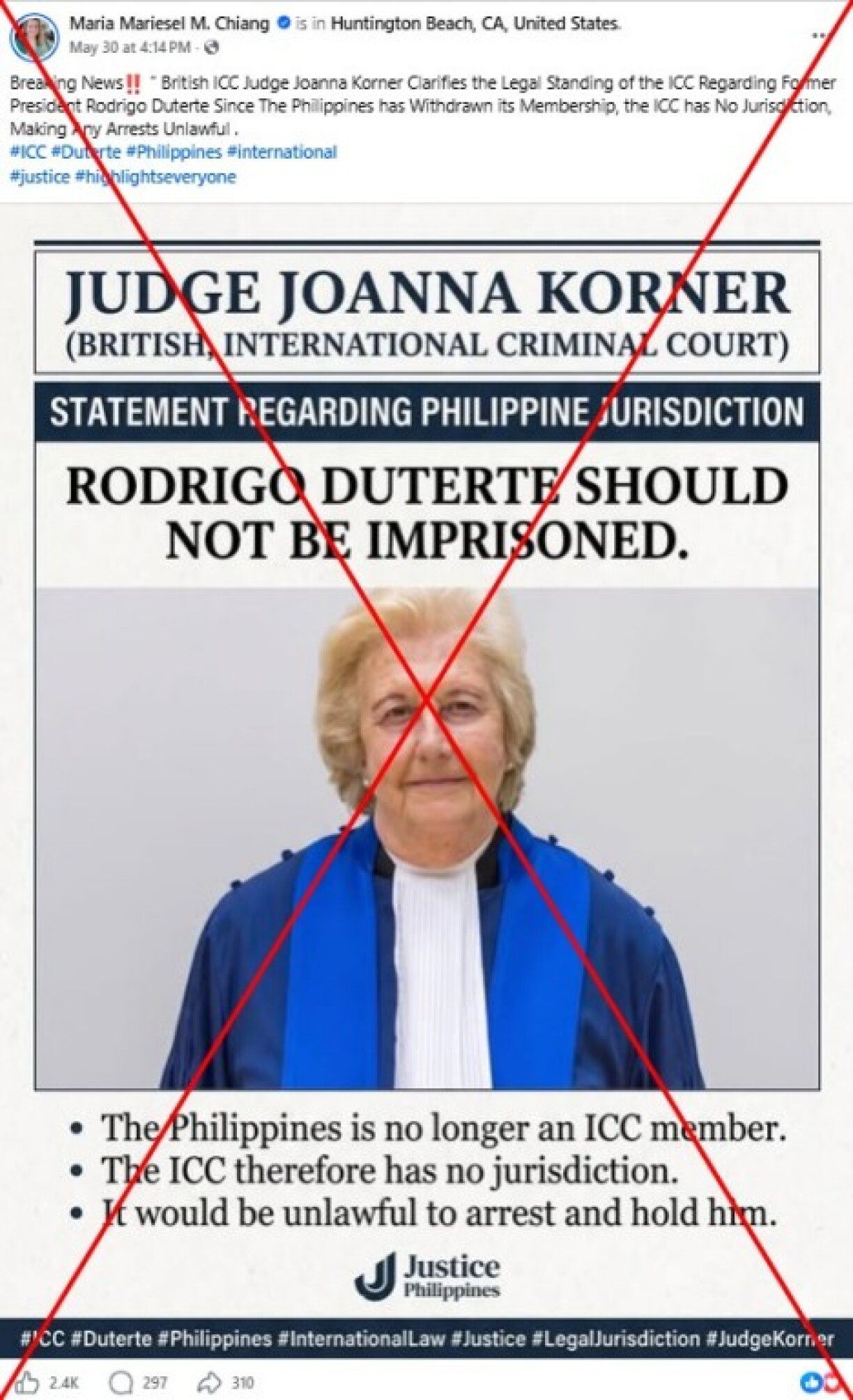Screenshot of false post taken on June 7, 2026, with red x added by AFP