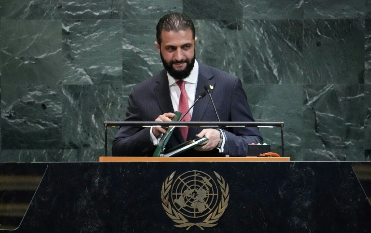 Syrian President Ahmed al-Sharaa concludes his remarks during the General Debate of the United Nations General Assembly