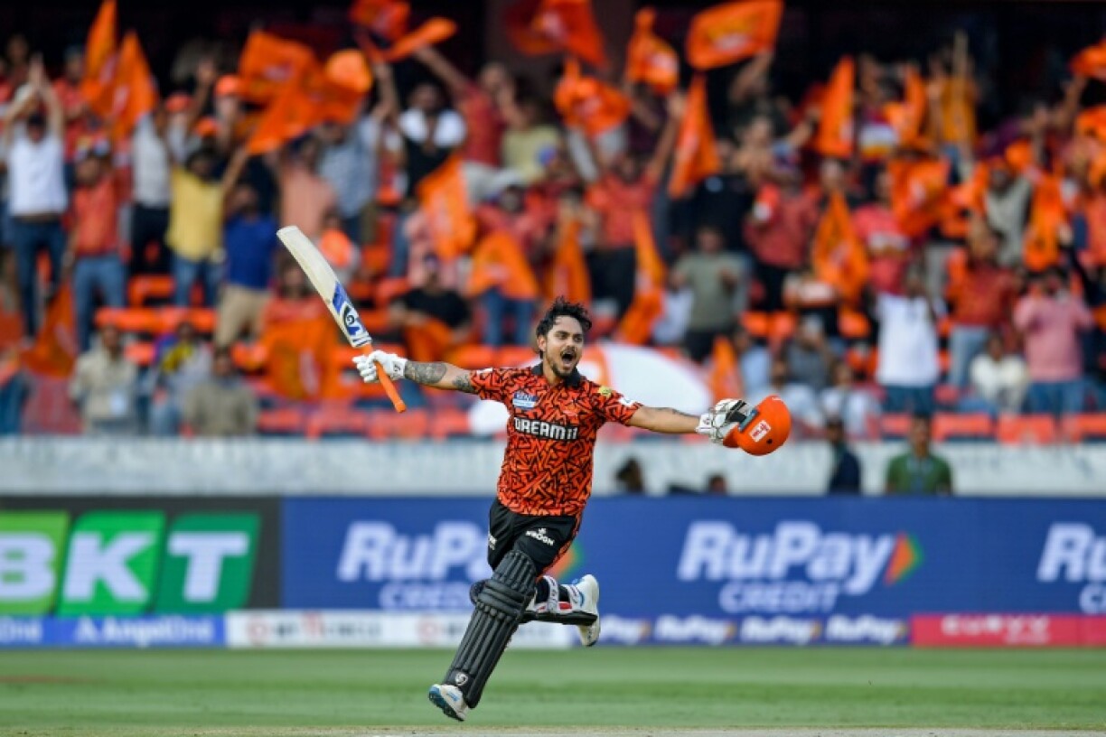 Sunrisers Hyderabad's Ishan Kishan celebrates after scoring a century during his side's defeat of Rajasthan Royals in the IPL