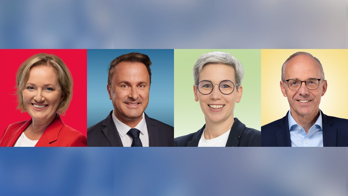 Left to right, according to list numbers: Paulette Lenert (LSAP), Xavier Bettel (DP), Sam Tanson (Green Party), and Luc Frieden (CSV).