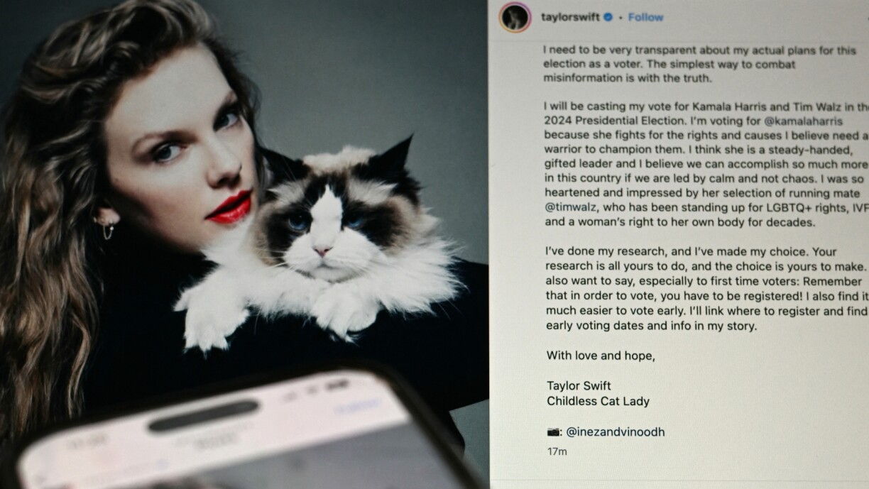 This illustration photo taken in Washington DC on 10 September 2024 shows US singer Taylor Swift's Instagram post endorsing US Vice President and Democratic presidential candidate Kamala Harris.