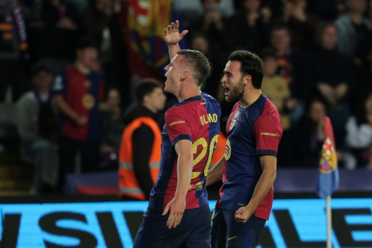 Barcelona's Spanish playmaker Dani Olmo celebrates scoring his team's opener against Mallorca