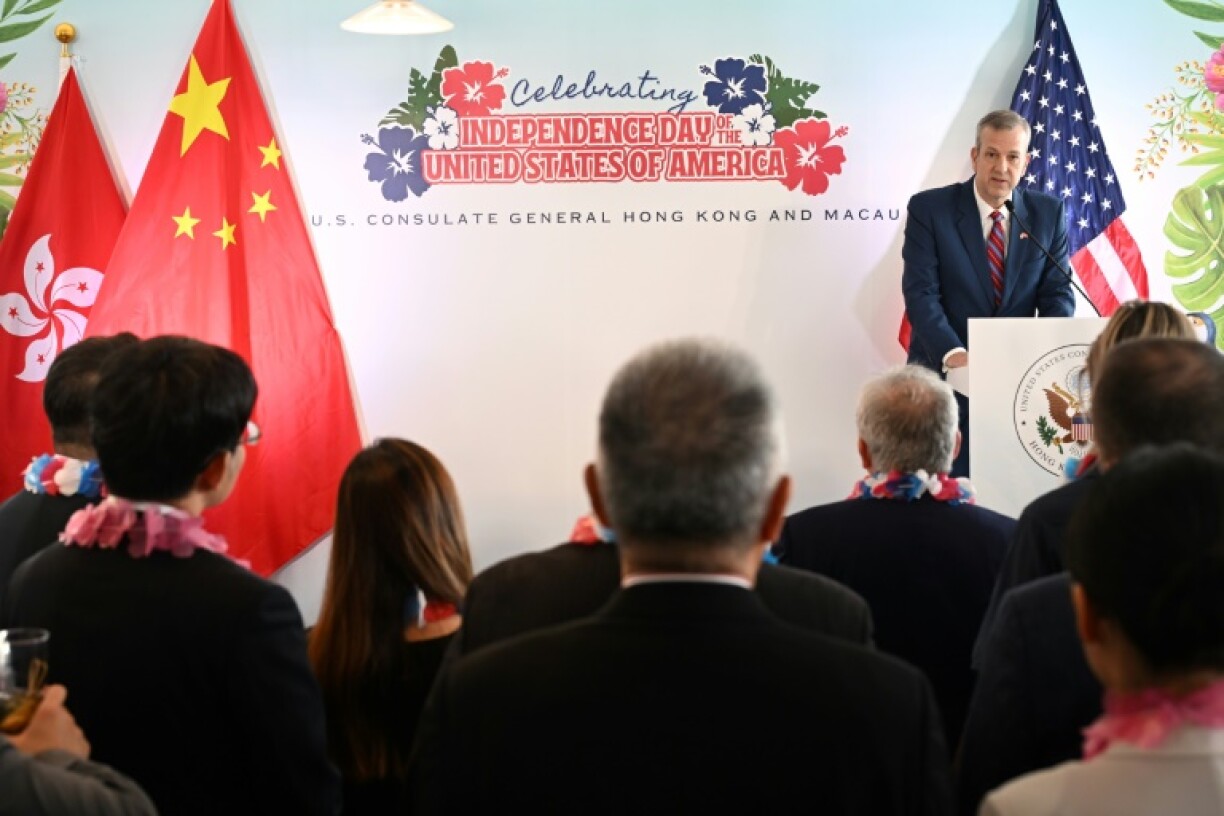 US Consul General Gregory May (R) speaks at a reception held by the US Consulate in Hong Kong to celebrate Independence Day