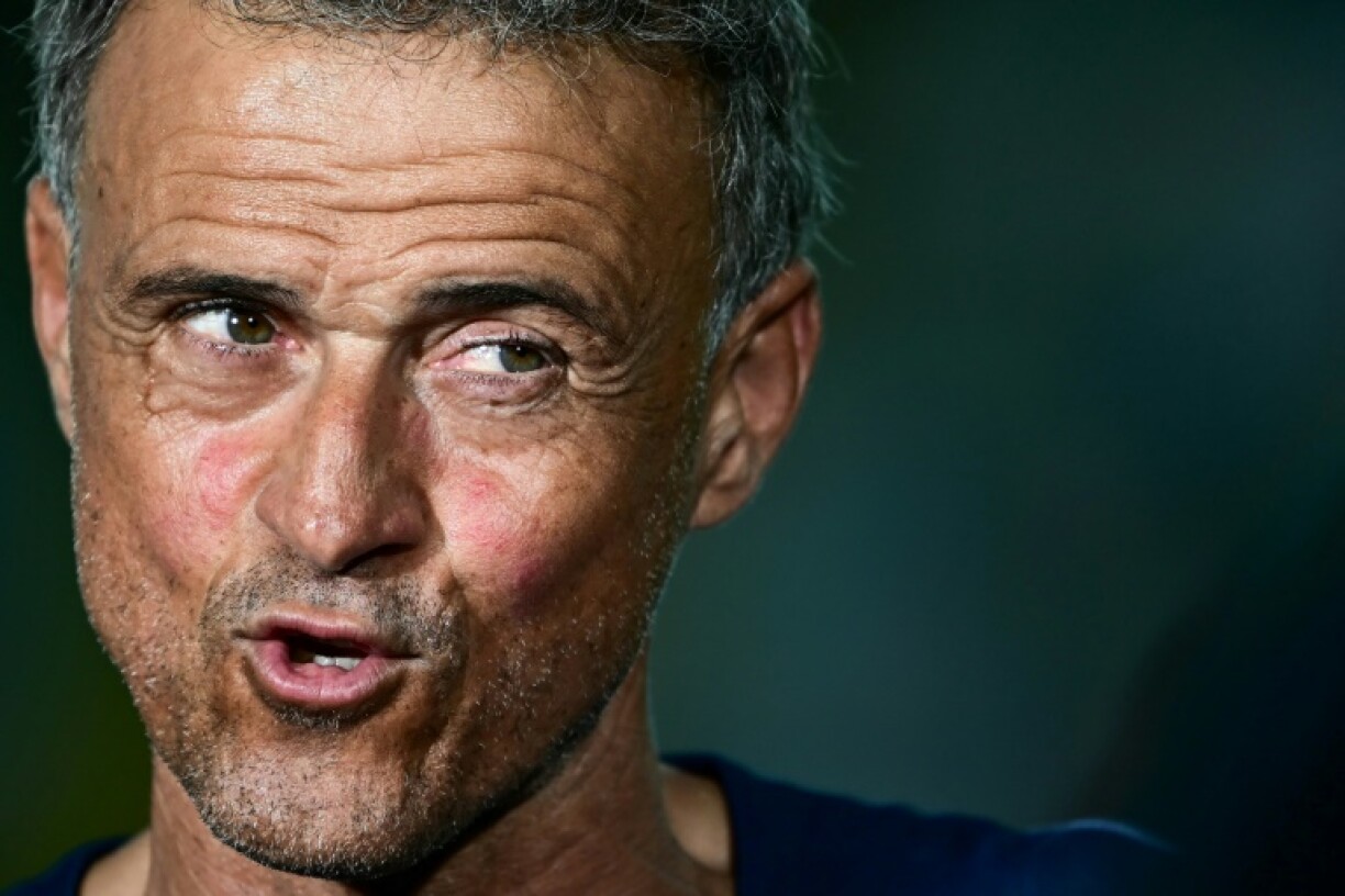 Paris Saint-Germain head coach Luis Enrique speaks to the press ahead of the UEFA Super Cup against Tottenham