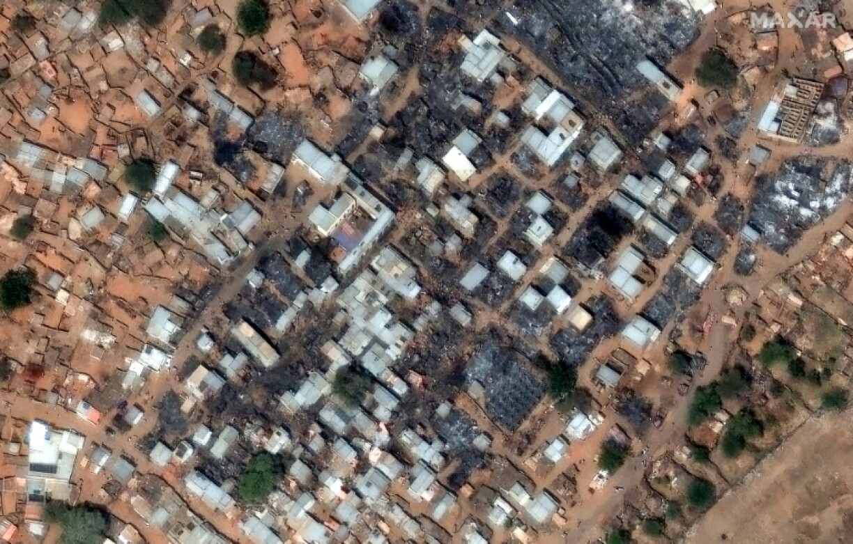 This handout satellite image taken by Maxar Technologies on February 13, 2025 shows heavy damage at the entrance to the Zamzam camp near North Darfur's besieged capital of El-Fasher