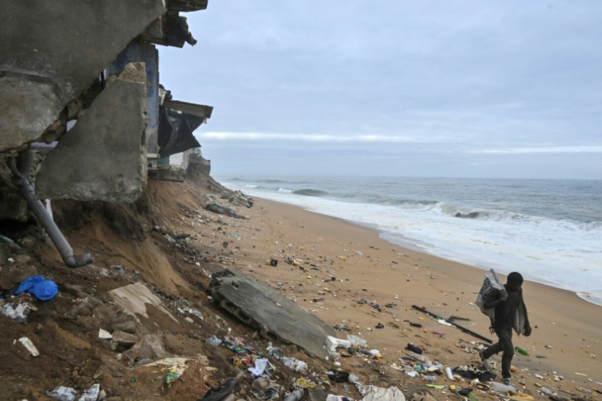 Houses destroyed by rising sea levels in Abidjan, Ivory Coast
