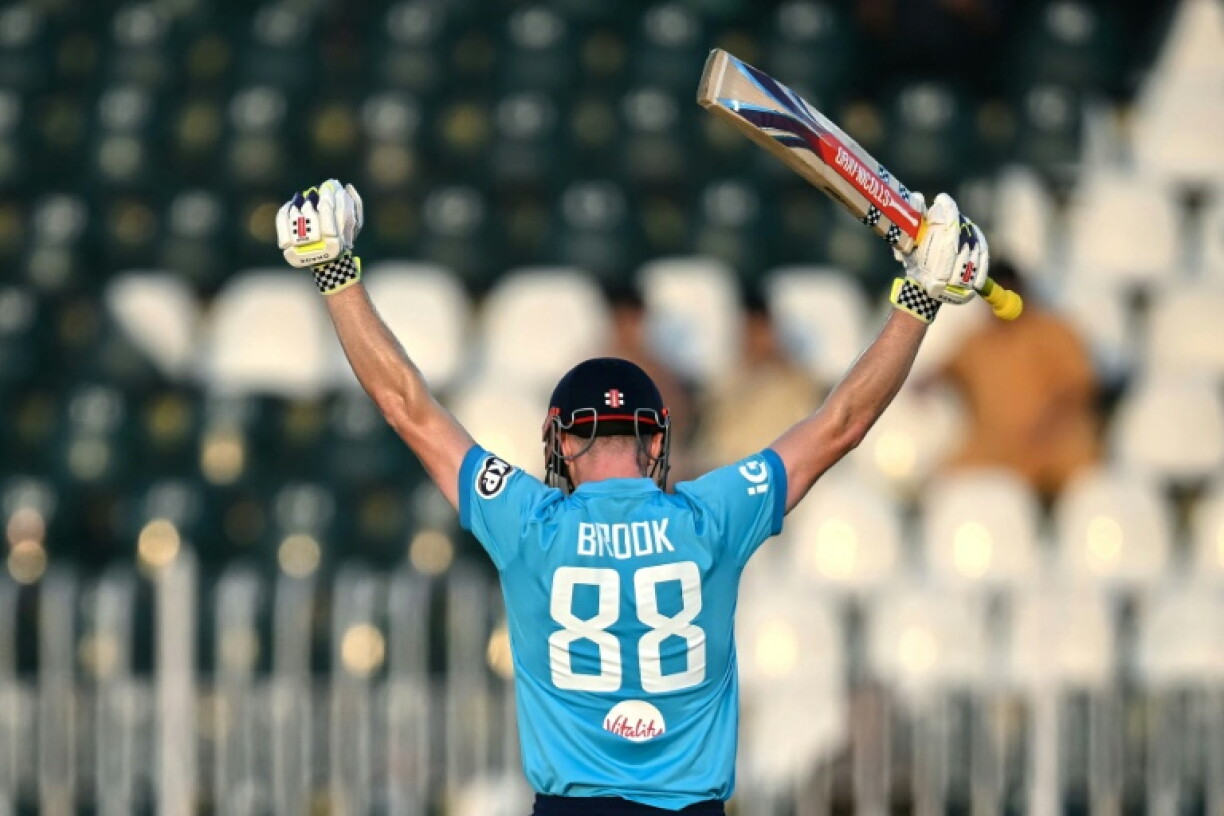 England's captain Harry Brook celebrates after scoring a double century