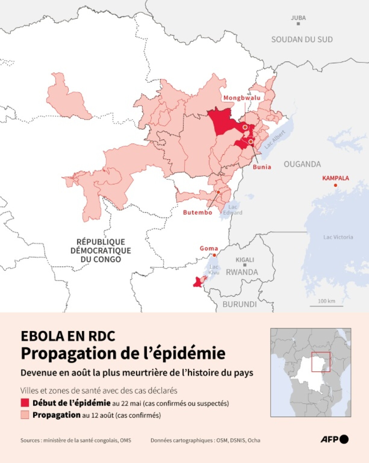 Carte du nord-est de la République démocratique du Congo montrant les zones de santé et villes où des cas d'Ebola ont été recensés au 12 août 2026