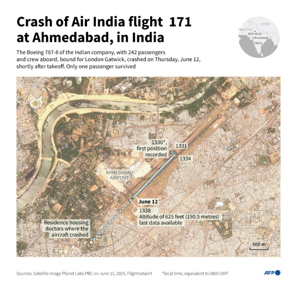 The flight path of the Air India plane which crashed Thursday, using satellite image from Planet Labs PBC