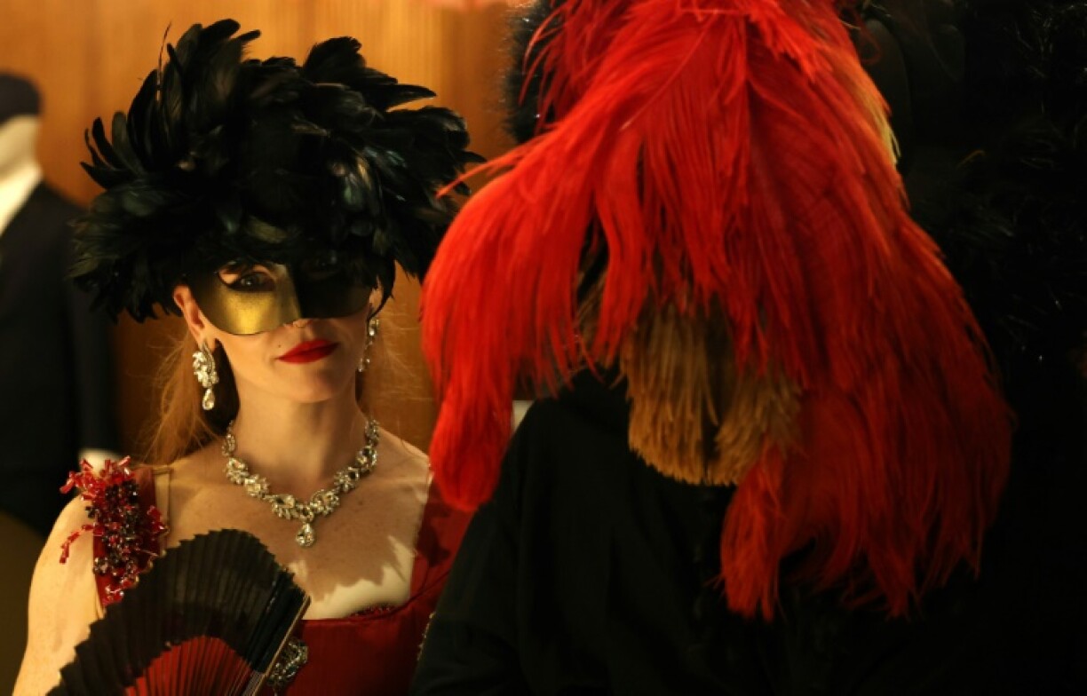 Madame Athénaïs de Montespan played by Erin Dillon joins other performance artists at the Printemps store for a performance of the Versailles Royal Opera Orchestra