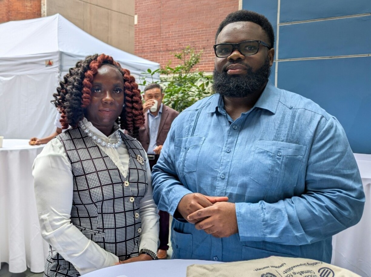 Lawyer and activist from Antigua Deshawn Browne (L) and medical student and climate activist Rol-J Williams from Nevis (R) pose for a portrait on the sideline of the United Nations General Assembly at Scandinavia House in New York City