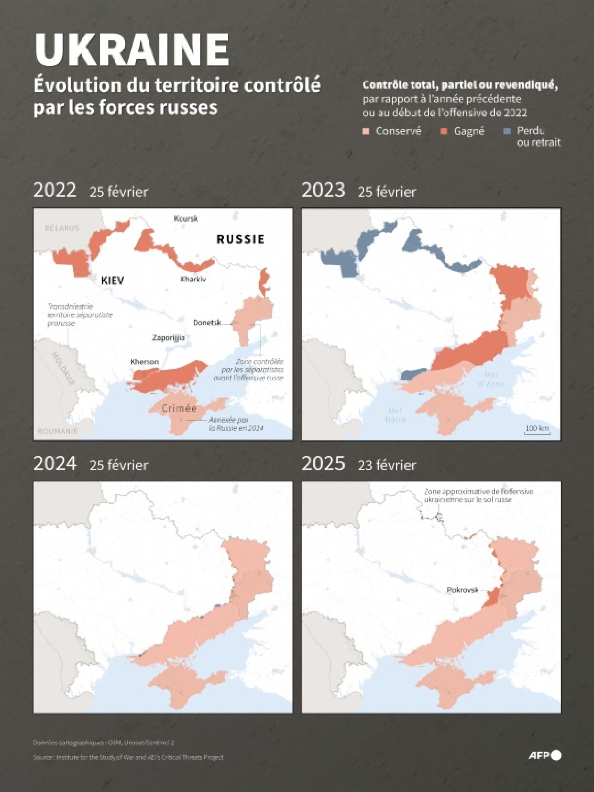 Ukraine : évolution du territoire contrôlé par les forces russes