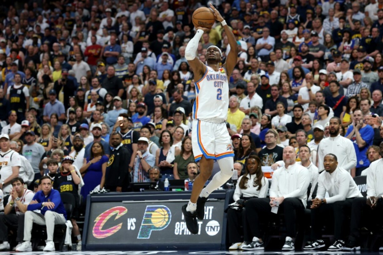 Shai Gilgeous-Alexander of the Oklahoma City Thunder shoots the ball in the Thunder's victory over the Denver Nuggets in game four of their NBA playoff series