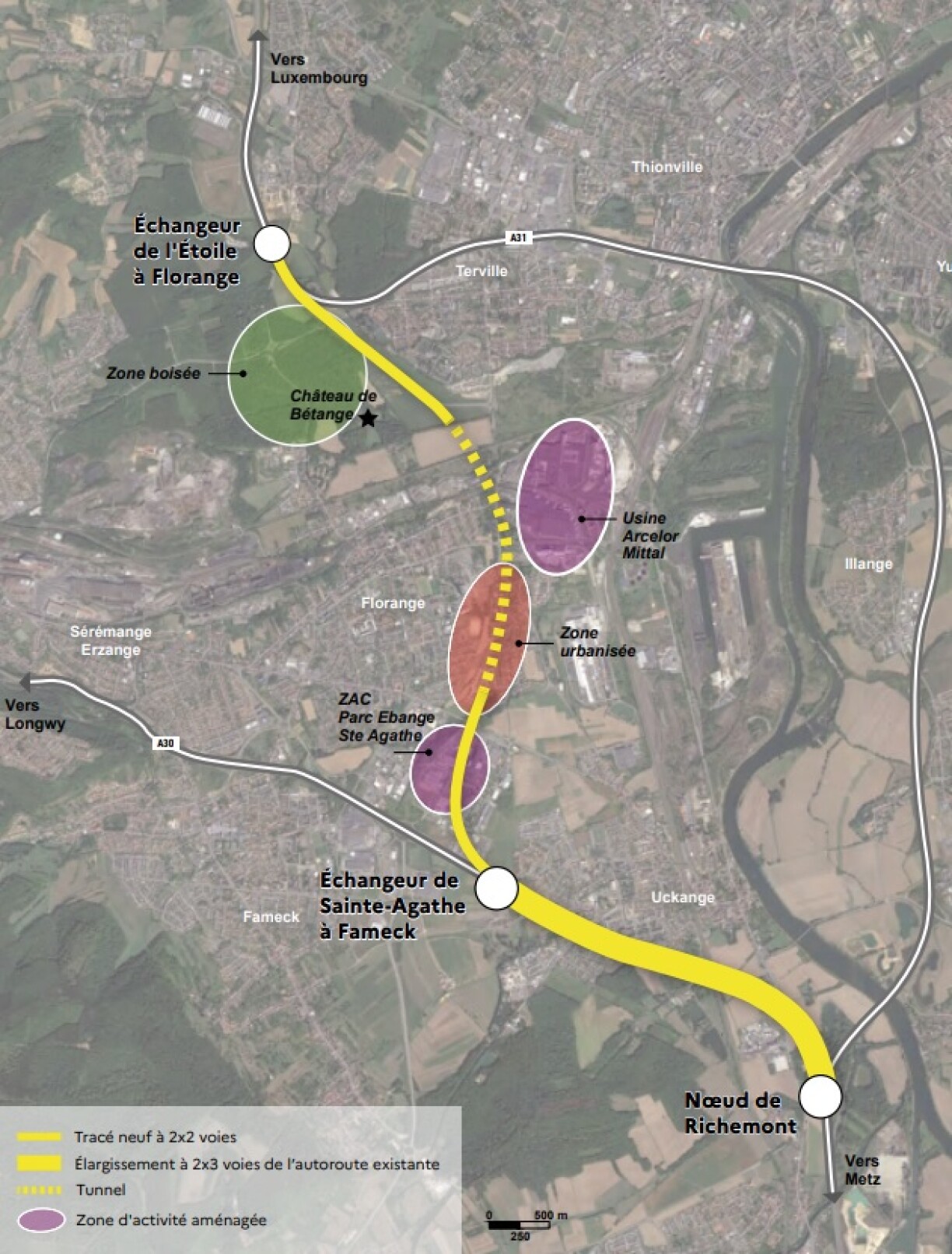 Le tracé F4 retenu pour l'A31bis en contournement de Thionville. Avec ses zones sensibles, dont les entrées et sorties du tunnel qui passera sous Florange. Ainsi que l'Allée des Marronniers et le château de Bétange.