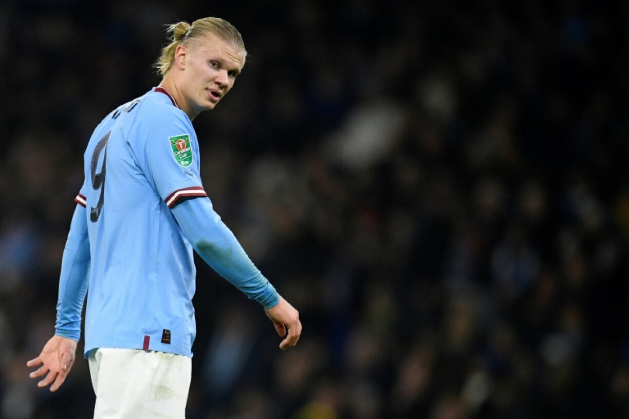 L'attaquant de Manchester City Erling Haaland contre Liverpool en Coupe de la Ligue anglaise, le 22 décembre 2022 à Manchester