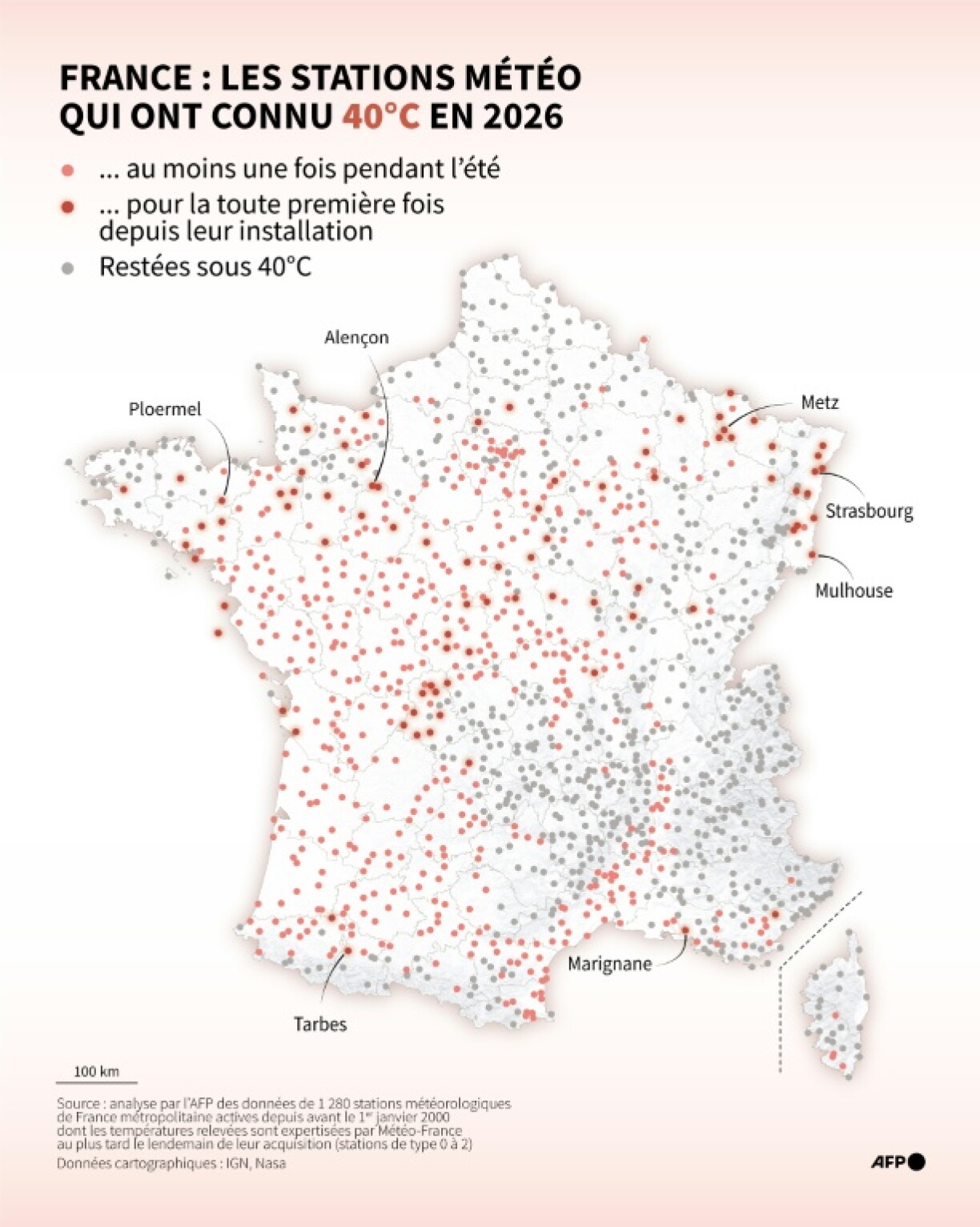 Carte de France localisant 1 280 stations météorologiques actives depuis au moins l'an 2000, et indiquant si ces stations ont connu en 2026 des températures supérieures à 40°C, éventuellement pour la première fois depuis leur installation