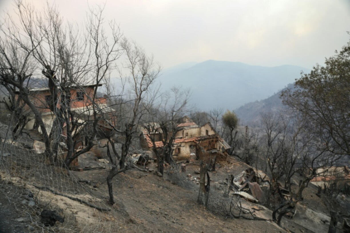 Damaged buildings are seen on a scorched hill after a forest fire swept through the area in Bordj T'har, a town and commune in Algeria's northeastern Jijel Province, on August 27, 2026. Algerian President Abdelmadjid Tebboune on August 27 declared a three-day national mourning after wildfires in the northeast killed at least 12 people and injured dozens. Five people died in Jijel province, four in Bejaia and three in Tizi Ouzou, Interior Minister Said Sayoud said on August 26, adding that 54 were being treated in hospital for burns, including six in serious condition.