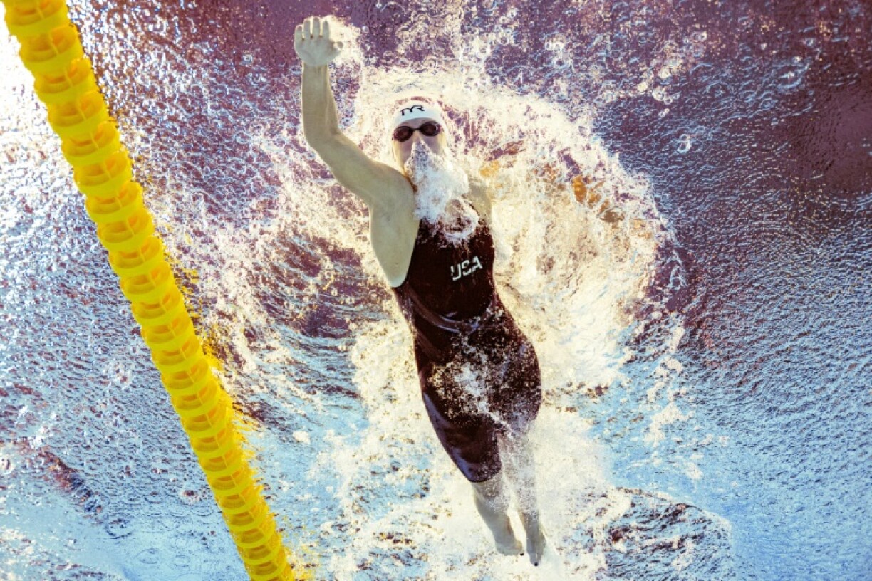 Katie Ledecky competes in a heat of the women's 1500m freestyle swimming event during the 2025 World Aquatics Championships in Singapore
