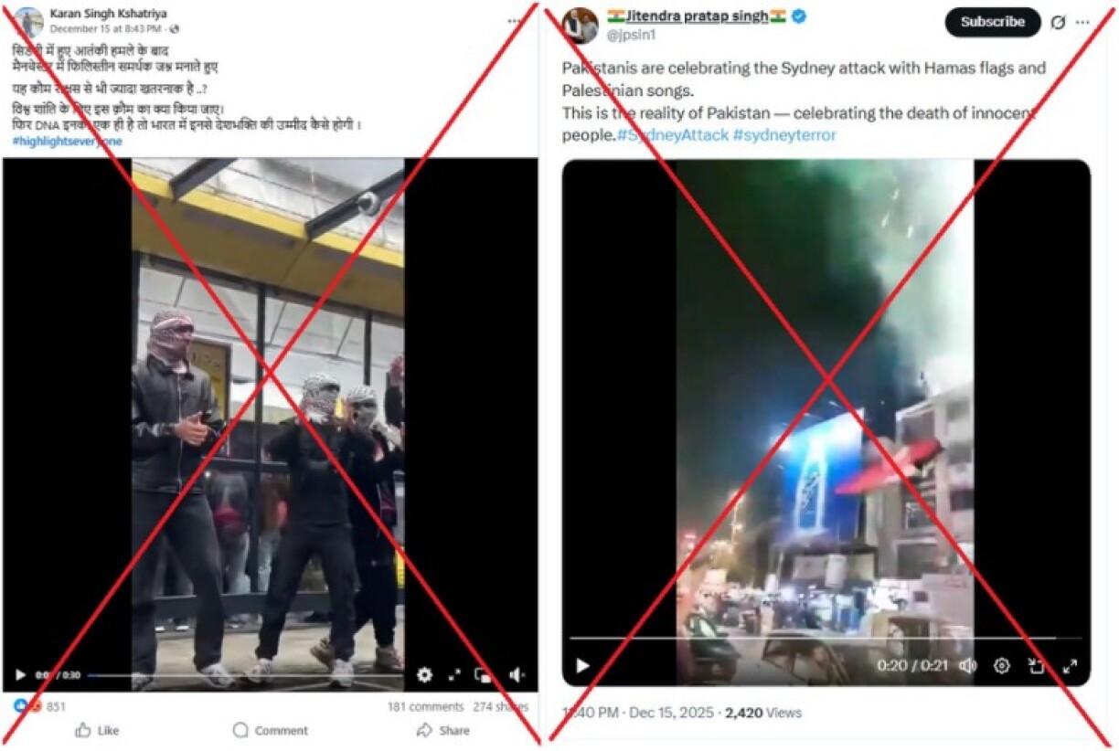 Screenshots of the false posts captured on December 17, 2025, with red Xs added by AFP