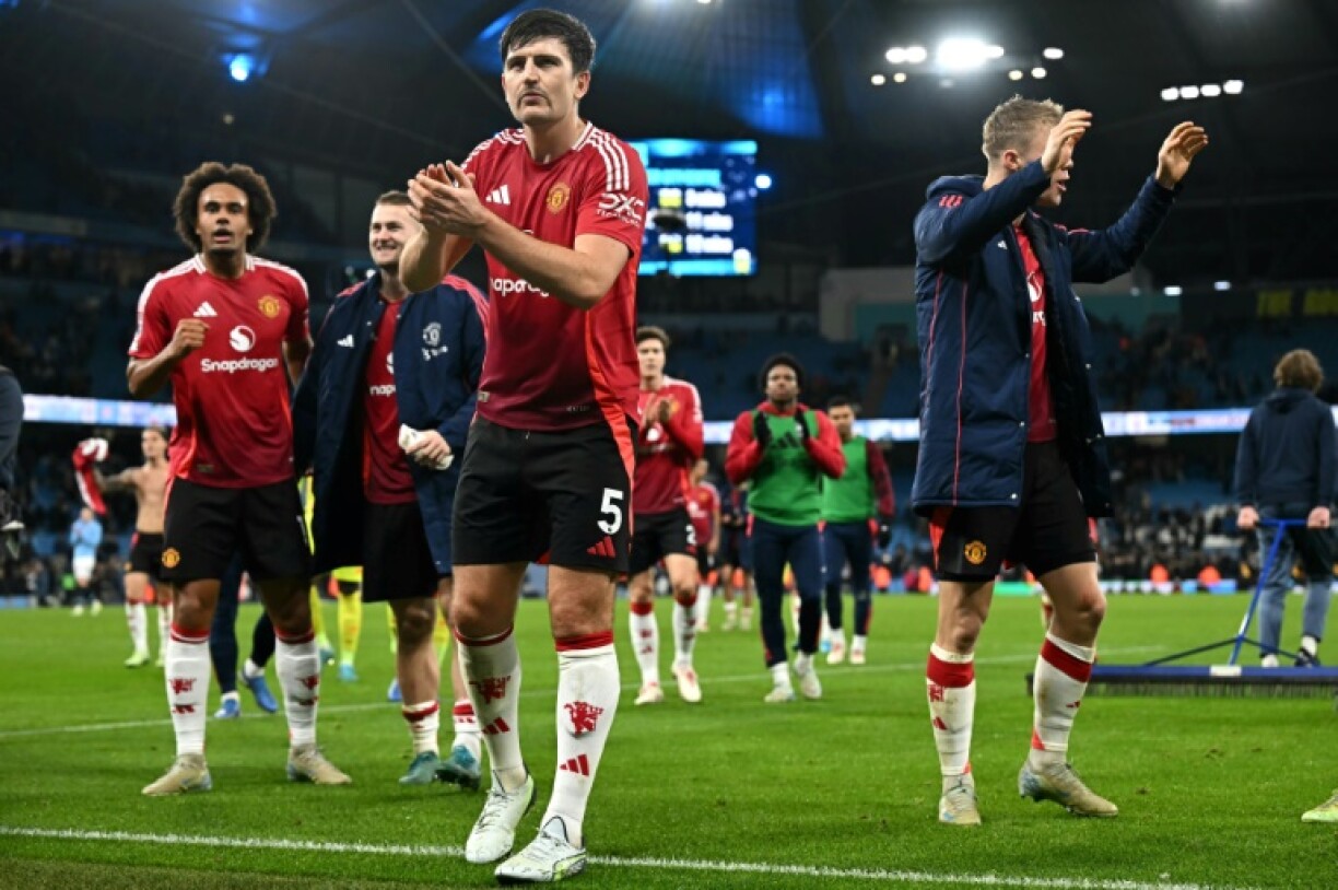Defender Harry Maguire applauds fans after Manchester United's 2-1 win at the Etihad